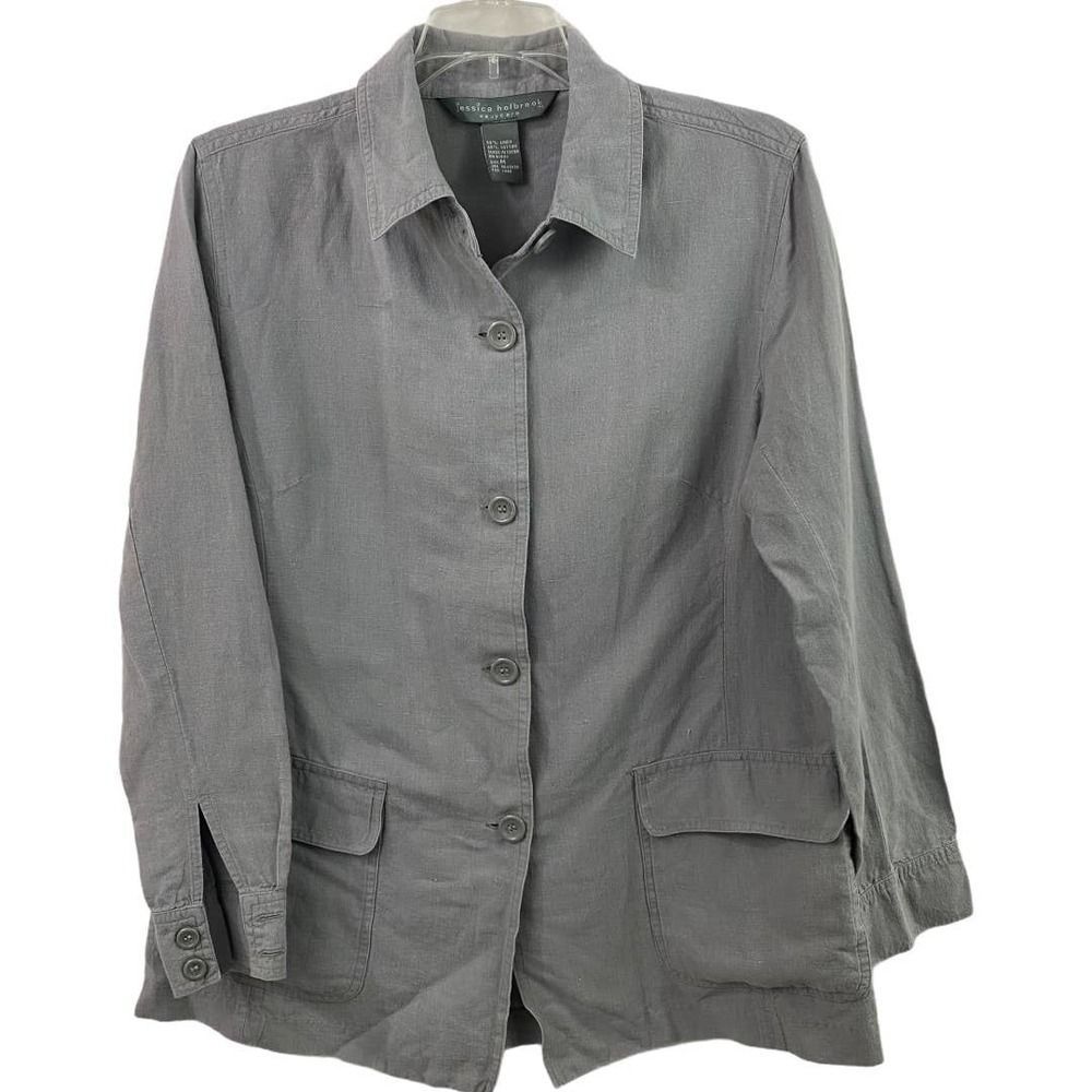 Vintage Jessica Holbrook Linen Gray Button-Down Shirt Jacket Size Medium